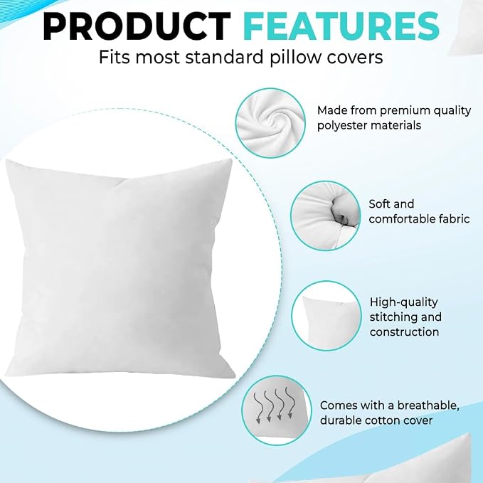 QUBA LINEN Throw Pillow Inserts, 16x16 Inches - Image 4