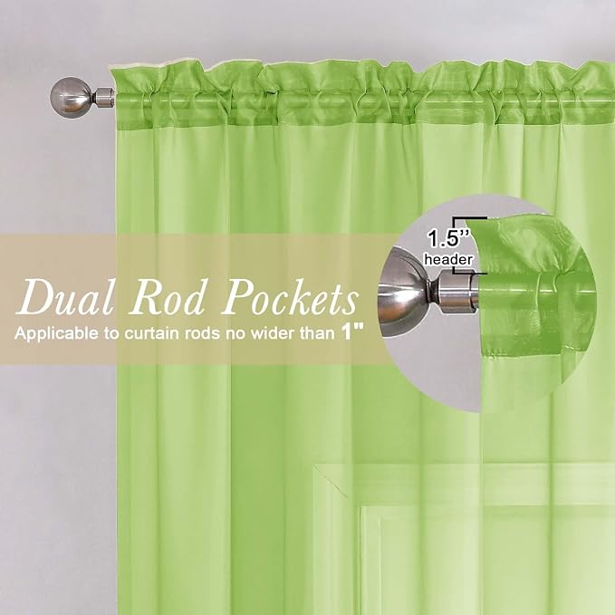 Lime Sheer Curtains 72 Inches Long 2 Panels, Solid Voile Light Filtering Dual - Image 5