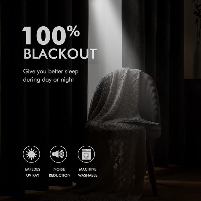 MIULEE Extra Wide 100% Blackout Linen Curtains 100x90 Copper Brown | Room - Image 3