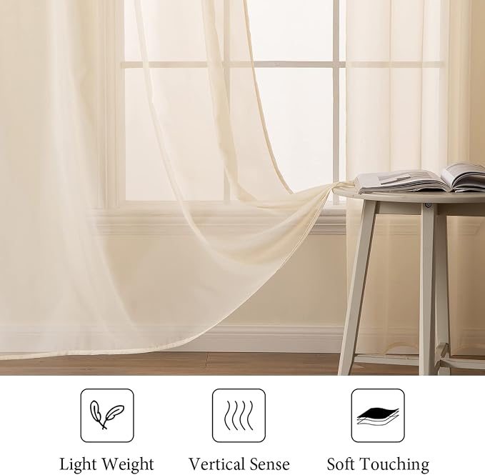MIULEE Cream Beige Sheer Curtains 54 X 45 Inches, 2 Panels | Solid Color - Image 4