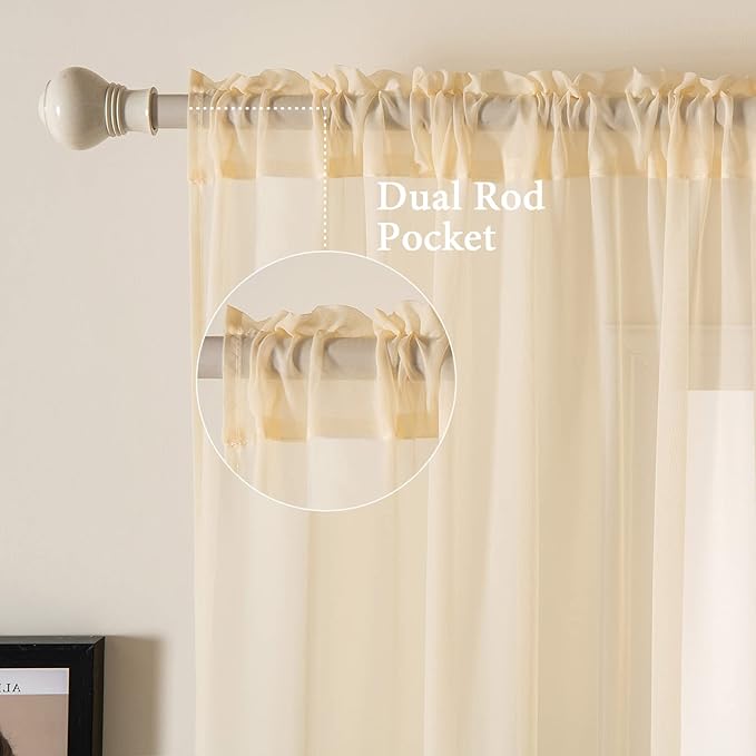 MIULEE Cream Beige Sheer Curtains 54 X 108 Inches, 2 Panels | Solid Color - Image 2
