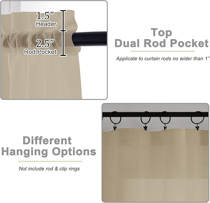 Taupe Sheer Curtain for Bedroom Living Room 72 Inches Long 2 Panels Set - Image 4
