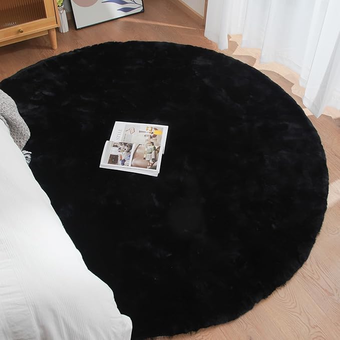 ORINOVA Black Round Plush Rugs for Bedroom Faux Bunny Fuzzy Washable Fur Area - Image 4