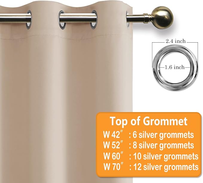 Grommet Blackout Curtains for Bedroom 70 x 63 Inches Beige 2 Panels | Thermal - Image 5