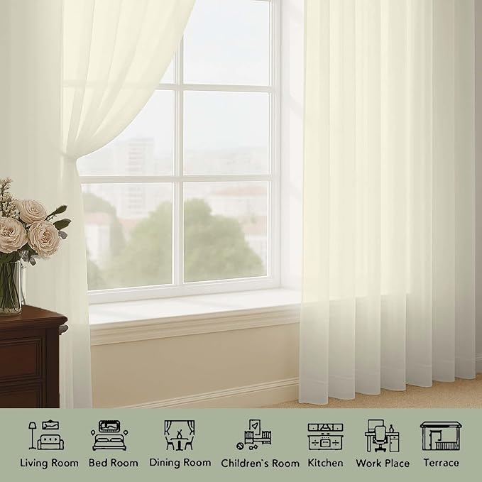 Cream Sheer Curtains 72 Inches Long 2 Panels Set, Transparent Voile Sheer - Image 3