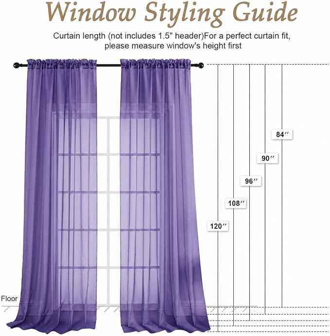 Sheer Purple Curtains 108 Inches Long 2 Panels Set, 59 Inch Extra Wide - Image 2