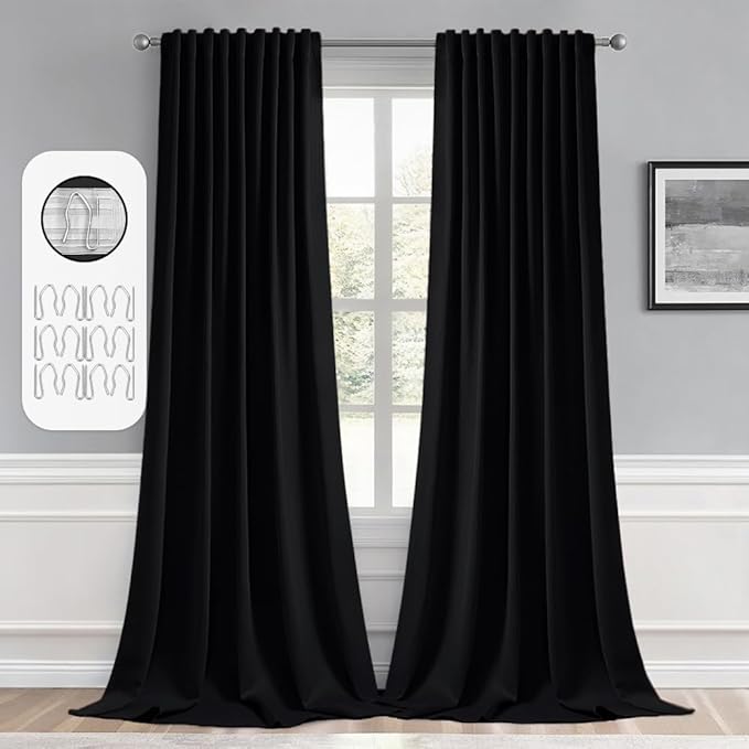 MIULEE Black Back Tab Blackout Curtains 52x104 Inch Length 2 Panels Set | Rod by MIULEE
