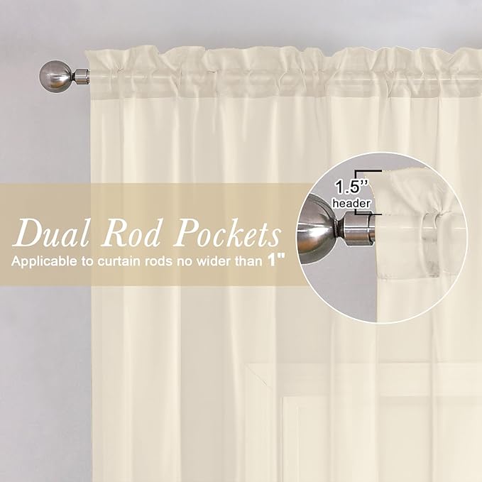 Cream Sheer Curtains 63 Inch Length 2 Panels Set, Elegant Voile Window Curtains - Image 2