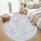 Round Area Rug Living Room: 6ft Neutral Washable Carpet Rug Gray | Vintage Boho - Image 4