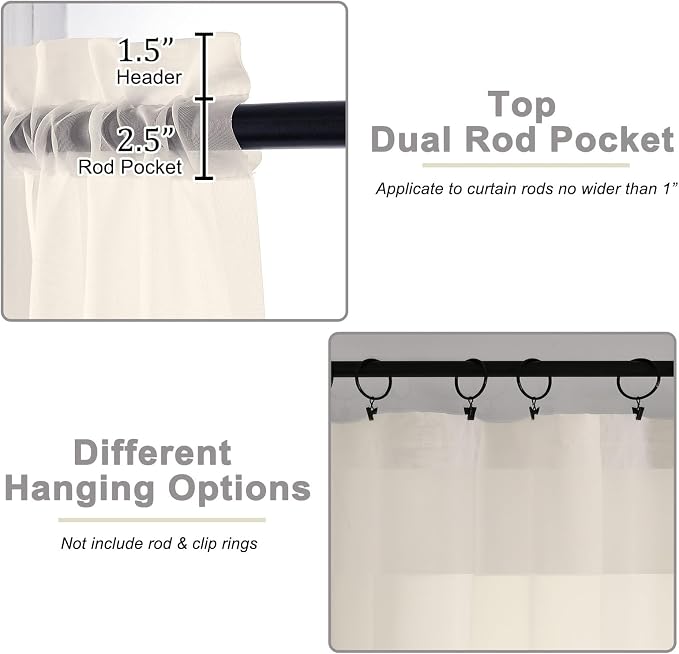 Cream Kitchen Curtains 30 Inch Length Tier 2 PCS, Solid Soft Airy Half Curtains - Image 4