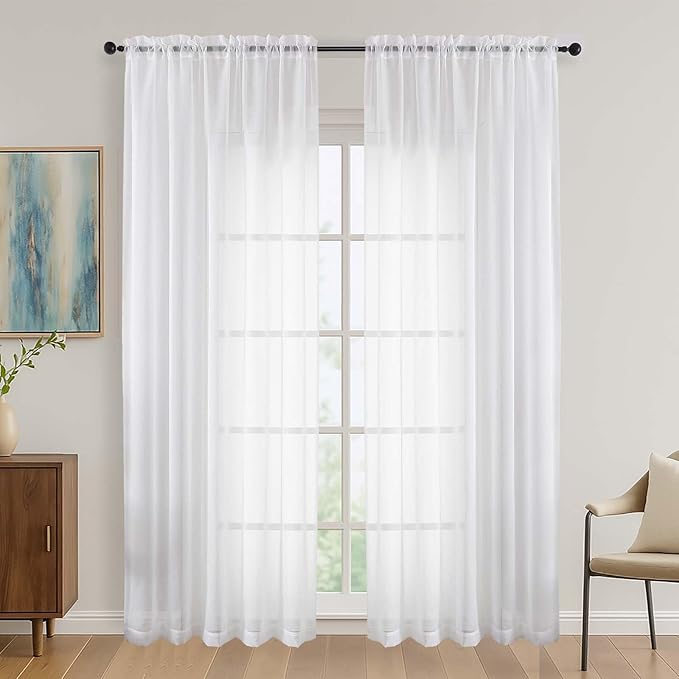 White Sheer Curtains 84 Inches Long 2 Panels Set, 59 Inch Extra Wide Light by OVZME