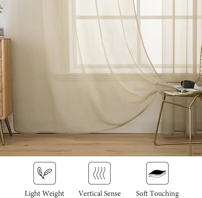 MIULEE Beige Sheer Curtains 54 X 45 Inches Beige, 2 Panels | Solid Color - Image 2
