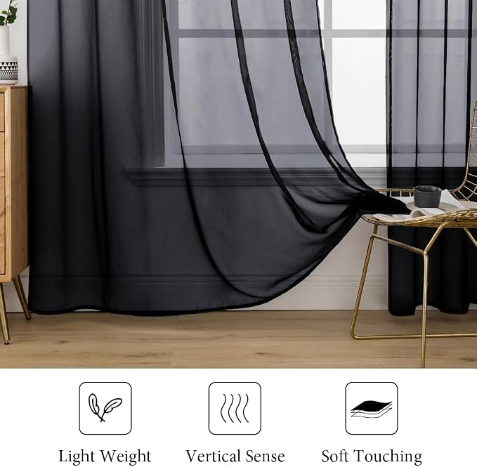 MIULEE 2 Panels Sheer Curtains for Living Room 54 X 45 Inches Black | Window - Image 4