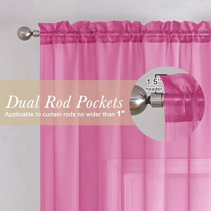 Hot Pink Sheer Curtains 90 Inches Long 2 Panels, Solid Voile Privacy Window - Image 5