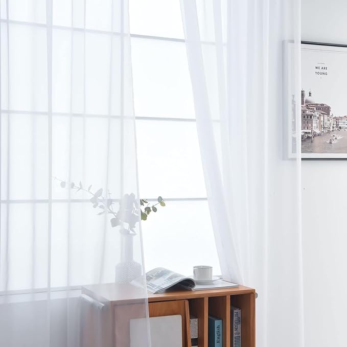 SpaceDresser Sheer White Curtains 4 Panels Rod Pocket Semi-Sheer Curtain 45 - Image 4