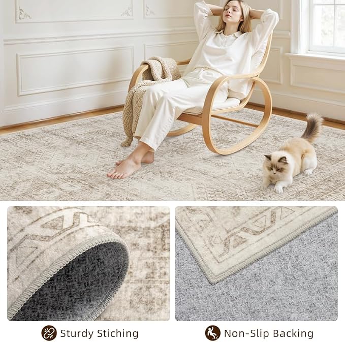Round Area Rug Living Room: 8ft Neutral Washable Carpet Rug Brown | Vintage - Image 7