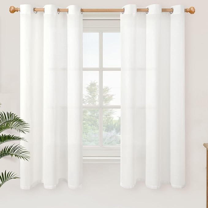 YoungsTex White Linen Semi Sheer Curtains 63 Inch Length 2 Panels, Grommet by YoungsTex