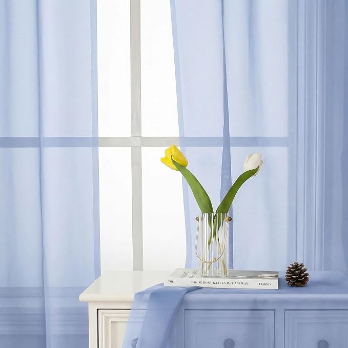 Denim Blue Sheer Curtains 90 Inches Long 2 Panels, Voile Rod Pocket Light - Image 2