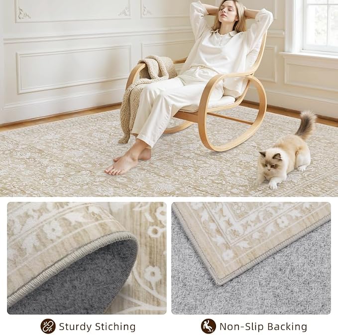 8x10 Area Rugs Living Room: Bedroom Washable Carpet Natural Beige | Large - Image 4