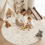 Round Area Rug Living Room: 8ft Washable Carpet Beige White | Vintage Boho - Image 3