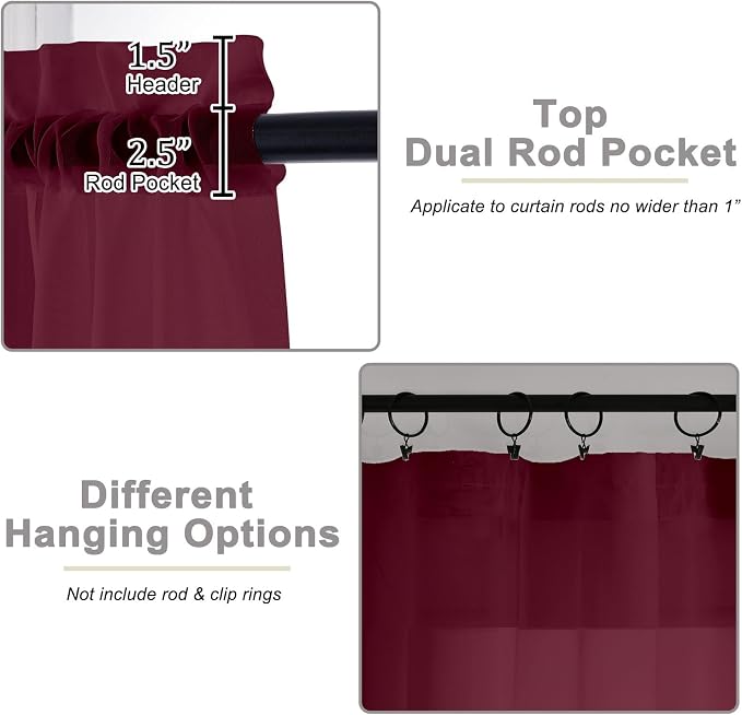 Kitchen Curtains 24 Inch Length Tier 2 Pieces, Burgundy Sheer Curtain Solid - Image 4