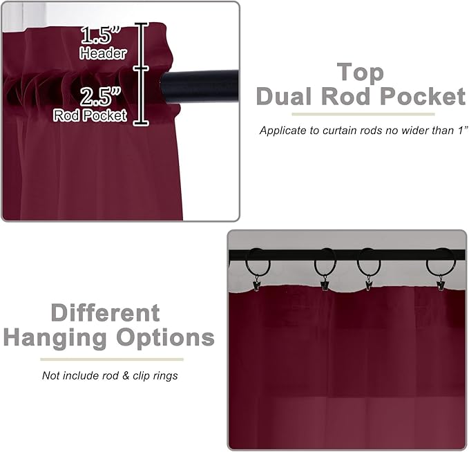 Burgundy Kitchen Curtains 30 Inch Length Tier 2 PCS, Solid Soft Airy Half - Image 4