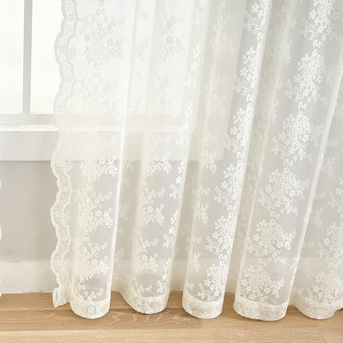 YJ YANJUN Vintage Lace Curtains Ivory Floral 105 inch Curtains 2 Panels - Image 4