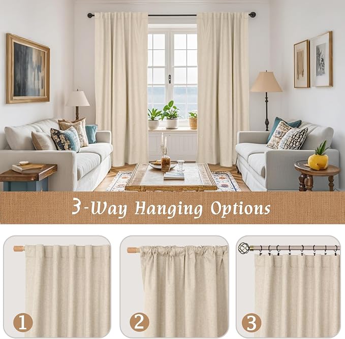 100% Blackout Linen Curtains 63 Inches Long 2 Panels, 60 x 63 Inch | Linen - Image 9