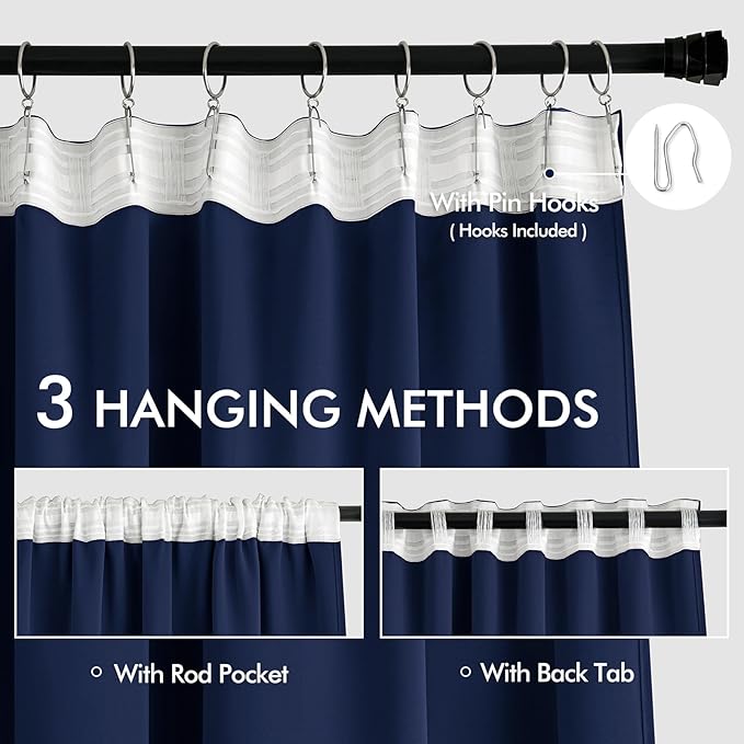MIULEE Navy Blue Back Tab Blackout Curtains 52x108 Inch Long 2 Panels Set | Rod - Image 3