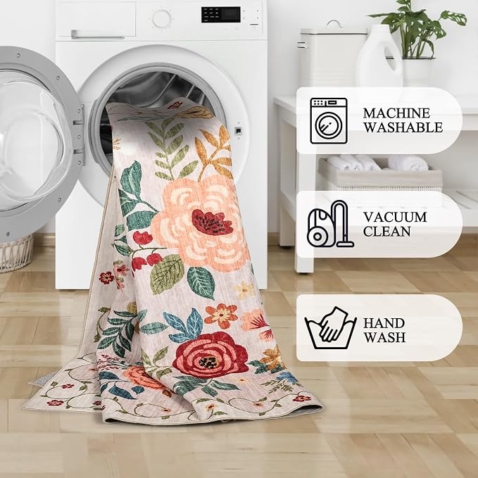 DUKINO 2x5 Runner Rug, Floral Washable Rug - Image 8