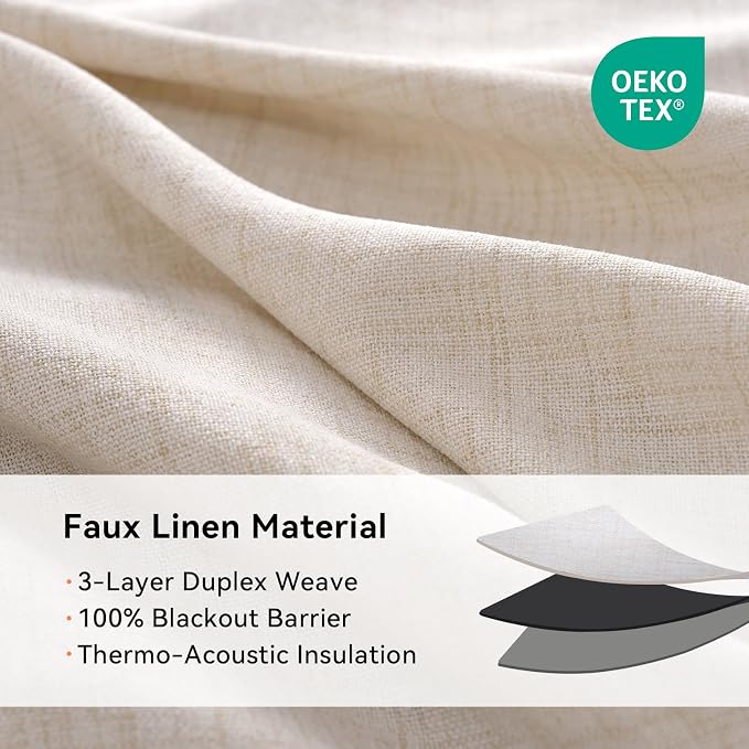 100% Blackout Linen Textured Curtains 96 Inch Long, Oatmeal | 100% Blackout - Image 4