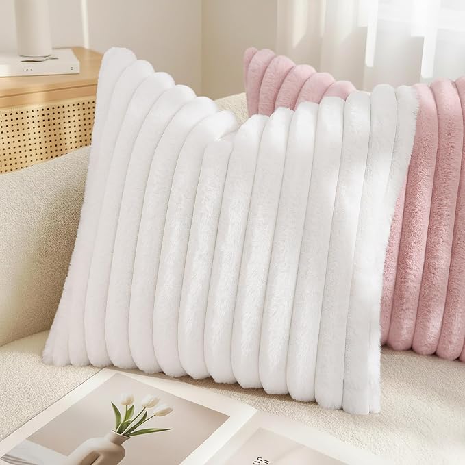 decorUhome Fall Faux Fur Throw Pillow Covers 24x24 Set of 2 White | Decorative - Image 4