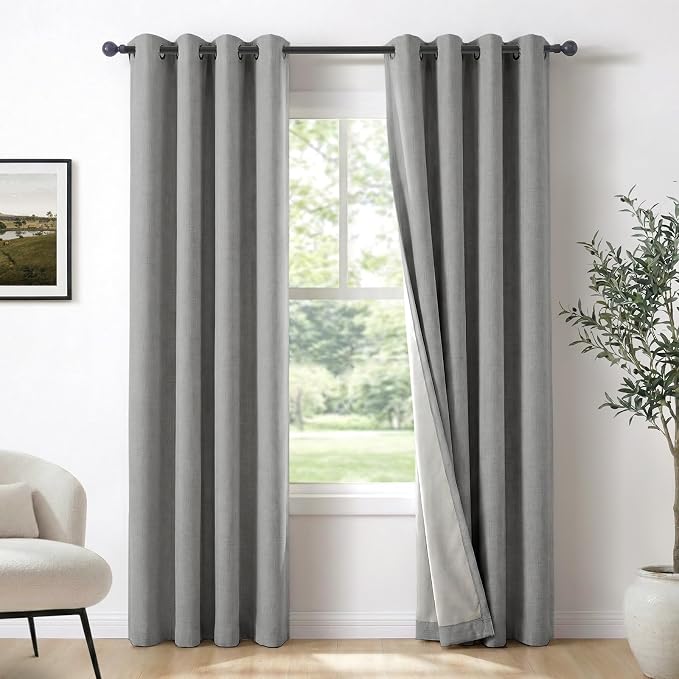 100% Blackout Linen Textured Curtains 90 Inch Long, Light Blocking, Thermal by 100BlackoutShield