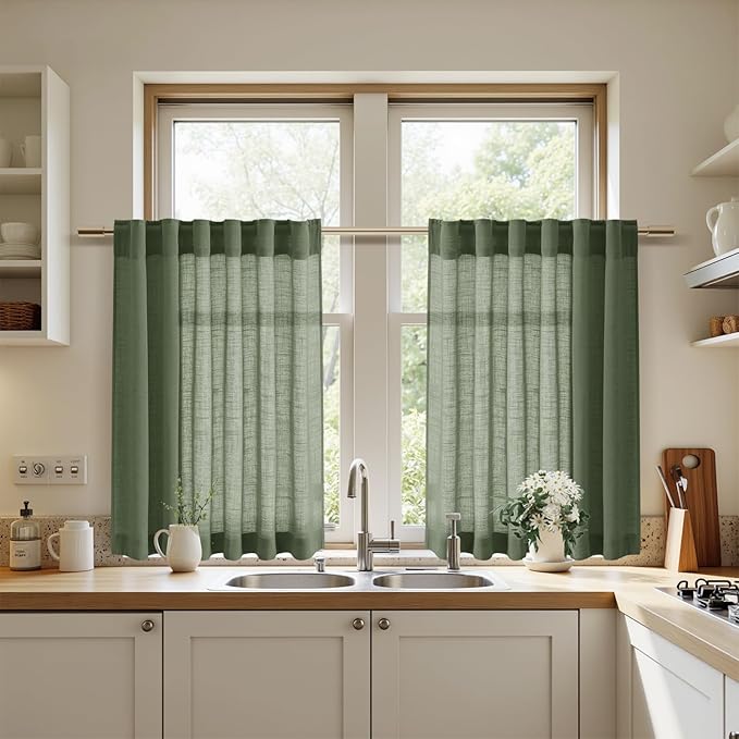 Olive Green Linen Curtains 24 Inch Length - Image 7