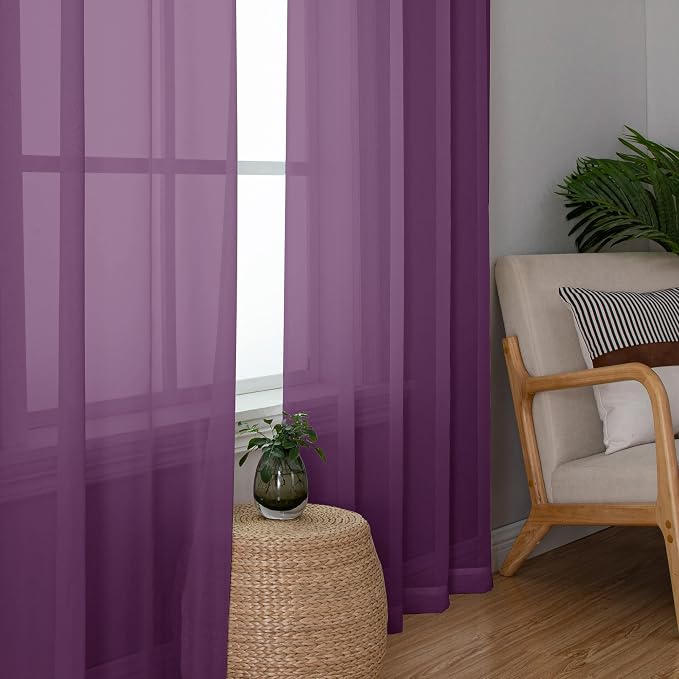 Chyhomenyc Sheer Curtains 63 Inch Length 2 Panels, Plum | Light Filtering - Image 4