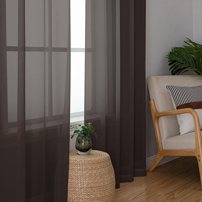 Chyhomenyc Sheer Curtains 63 Inch Length 2 Panels, Chocolate | Light Filtering - Image 4