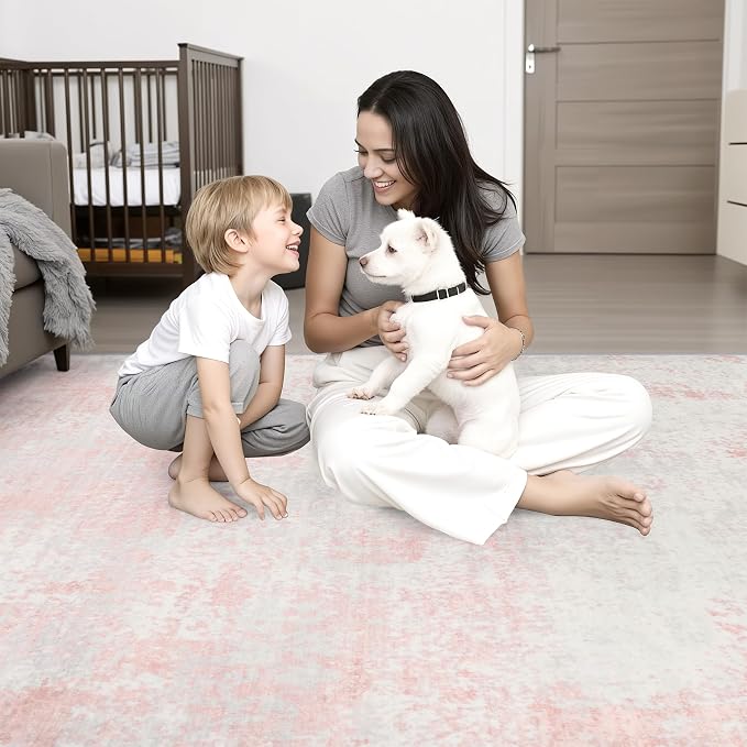 Area Rug Living Room: 3x5 Modern Washable Soft Carpet Pink White | - Image 7