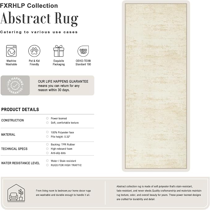 3x10 Washable Runner Rug：Modern Abstract Kitchen Soft Carpet Beige | - Image 2