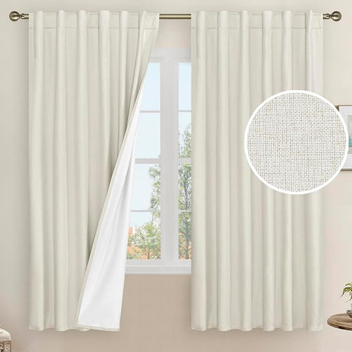 100% Blackout Natural Polyester Curtains, 63 Inches Linen Textured Thermal by LAMIT