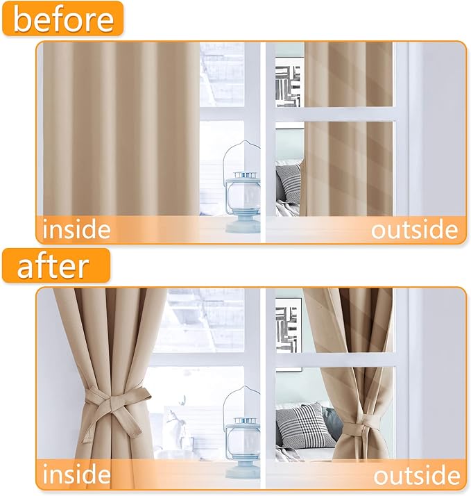 Grommet Blackout Curtains for Bedroom 70 x 63 Inches Beige 2 Panels | Thermal - Image 4