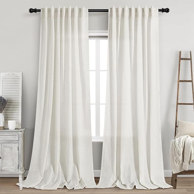 Beige White Linen Curtains 102 Inches Long Rod Pocket Back Tab Drapes 2 Panels by Nanspring
