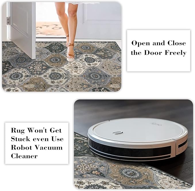 Lahome Moroccan Washable Round Area Rug, Soft Grey Vintage Round Rug 3ft | - Image 4