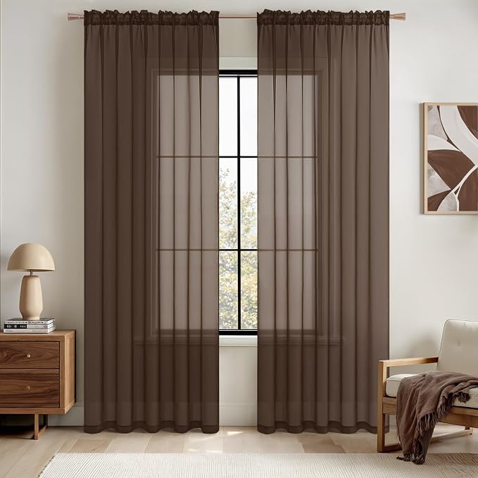 MIULEE Chocolate Brown Sheer Curtains 54 X 63 Inches, 2 Panels | Voile Drapes by MIULEE