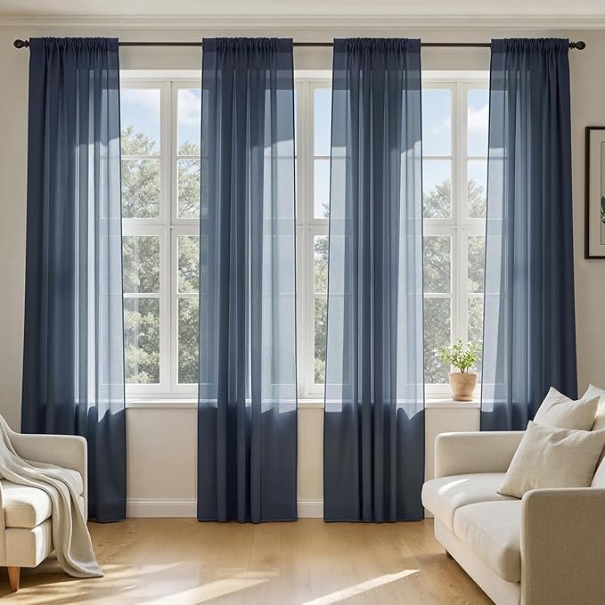 MIULEE Navy Blue Sheer Curtains 96 Inches Long 4 Panels 42 x 96 Inches | Light by MIULEE