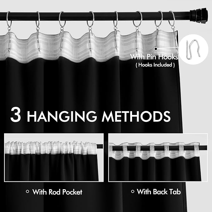 MIULEE Black Back Tab Blackout Curtains 52x120 Inch Long 2 Panels Set | Rod - Image 3