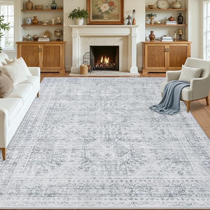 8x10 Area Rugs Living Room: Bedroom Neutral Washable Carpet Gray | Vintage Boho by Luxturiy