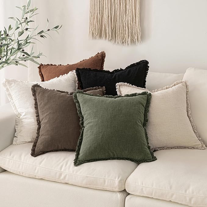 MIULEE Linen Fringe Decorative Euro Pillow Covers Chocolate Brown 22x22 | Set - Image 5