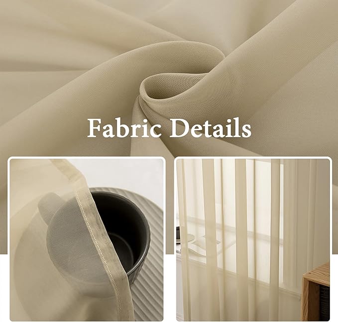 MIULEE 2 Panels Sheer Curtains for Living Room 54 X 90 Inches Beige | Window - Image 3