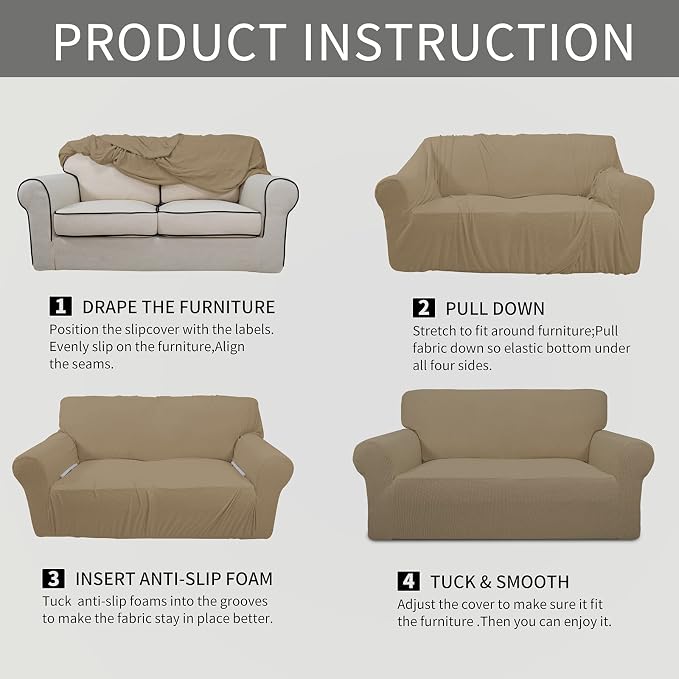 Easy-Going Stretch Loveseat Couch Covers Washable Tan | 1-Piece Loveseat Covers - Image 5