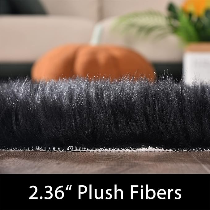Latepis Black Round Area Rug 8ft Large Circle Fuzzy Shag Rug Washable Sheepskin - Image 2